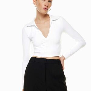 Babaton Contour White Long Sleeve V-Neck Crop Top with collar